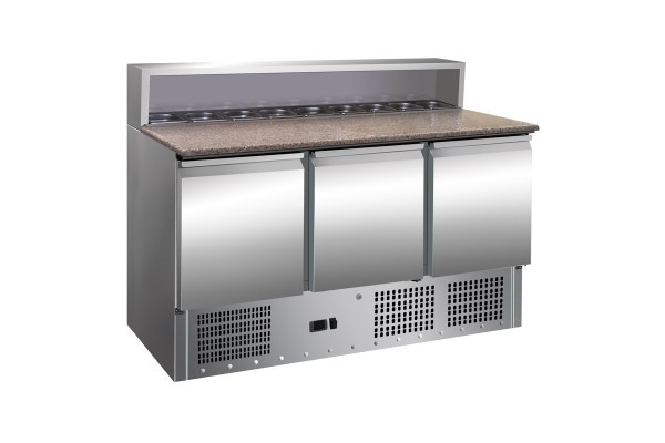 Banc refrigerat pentru pizza, blat de lucru din granit, cu 3 usi si spatiu pentru cuve, capacitate 400 litri, temperatura de lucru +2/+8°C