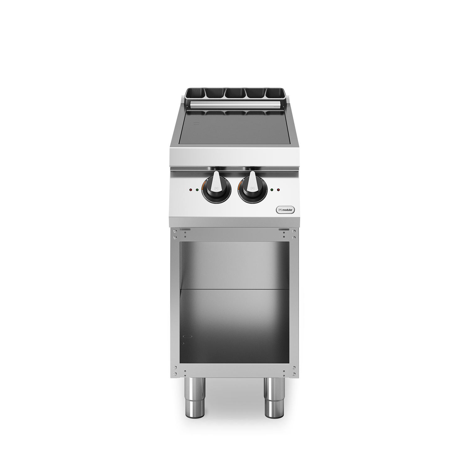 Masina de gatit din inox cu inductie, 2 zone de gatit, baza deschisa, putere electrica totala 10000W, dimensiuni 400x900x870h mm