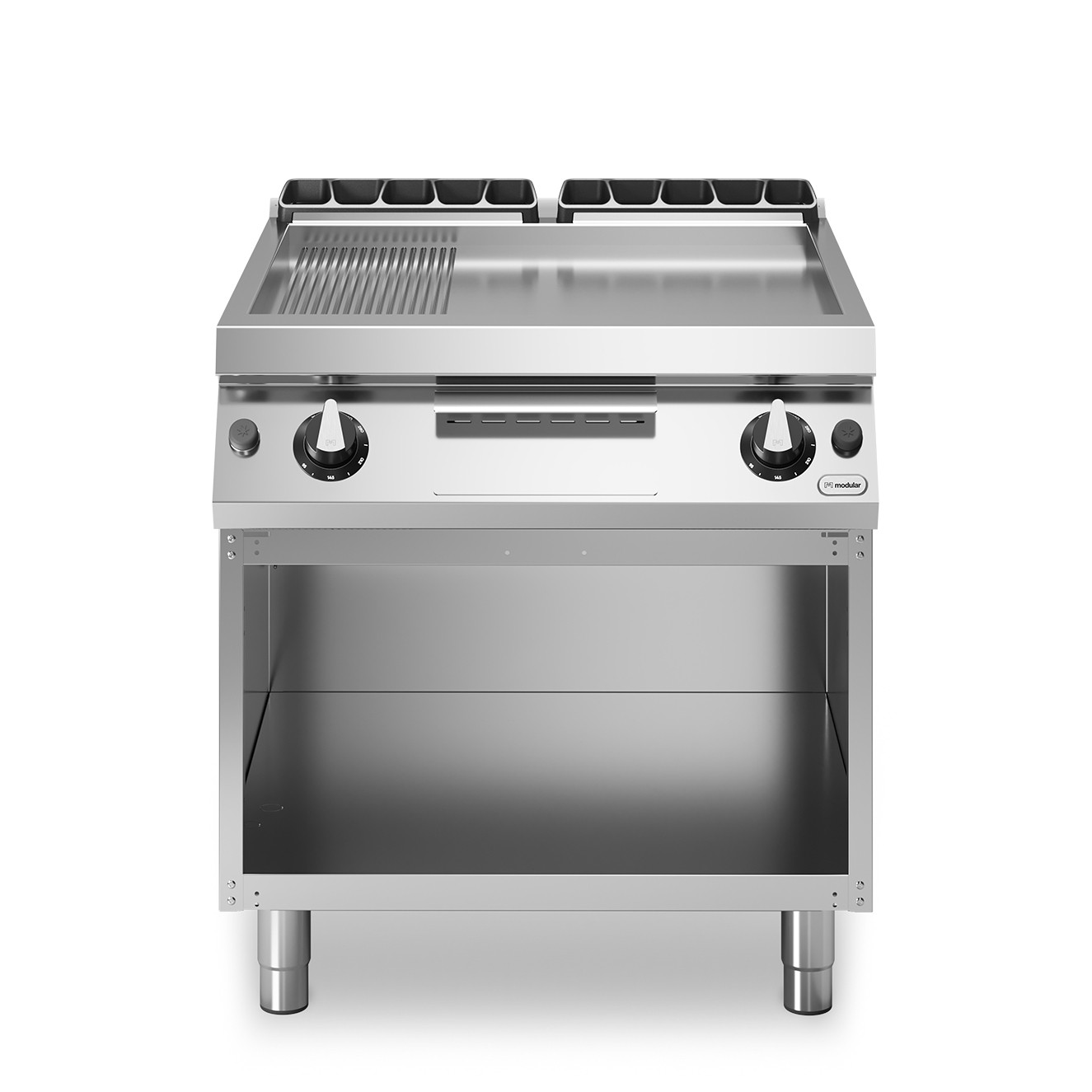 Fry top, alimentare gaz, suprafata cromata 2/3 neteda - 1/3 striata, baza deschisa