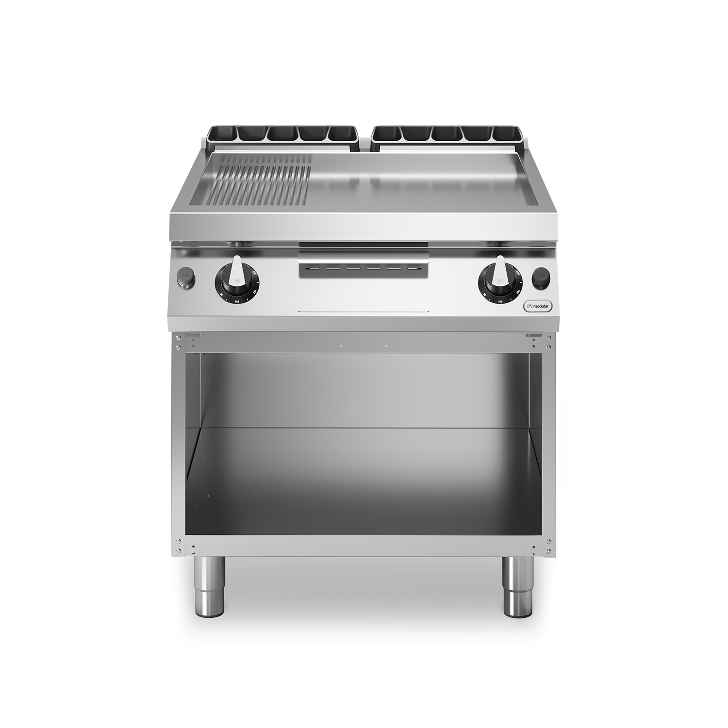 Fry top, alimentare gaz, suprafata cromata 2/3 neteda - 1/3 striata, baza deschisa, putere 21000W