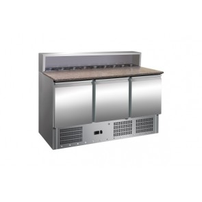 Banc refrigerat pentru pizza, blat de lucru din granit, cu 3 usi si spatiu pentru cuve, capacitate 400 litri, temperatura de lucru +2/+8°C