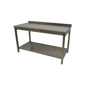 Masa din inox, cu polita inferioara, inaltator la perete, blat din tabla inox AISI304 rigidizat cu PAL, polita AISI430, constructie sudata, picioare din teava inox patrata 40x40mm, dimensiuni 2000x700x850mm